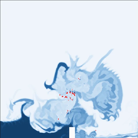 Round 2: the water breaks apart, red out-of-bounds cells appear