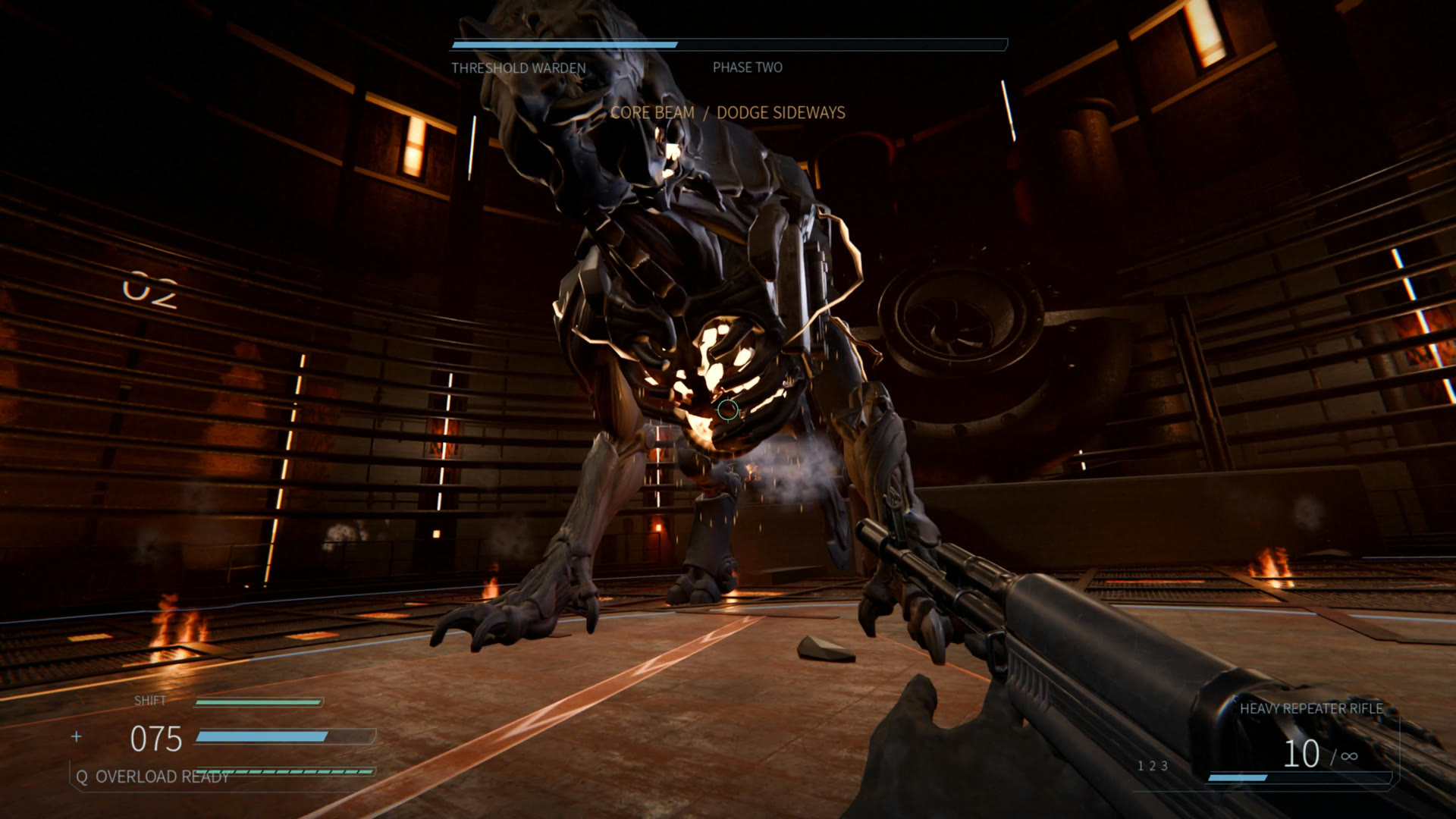 Phase two: the Warden lunges forward as its armor breaks away