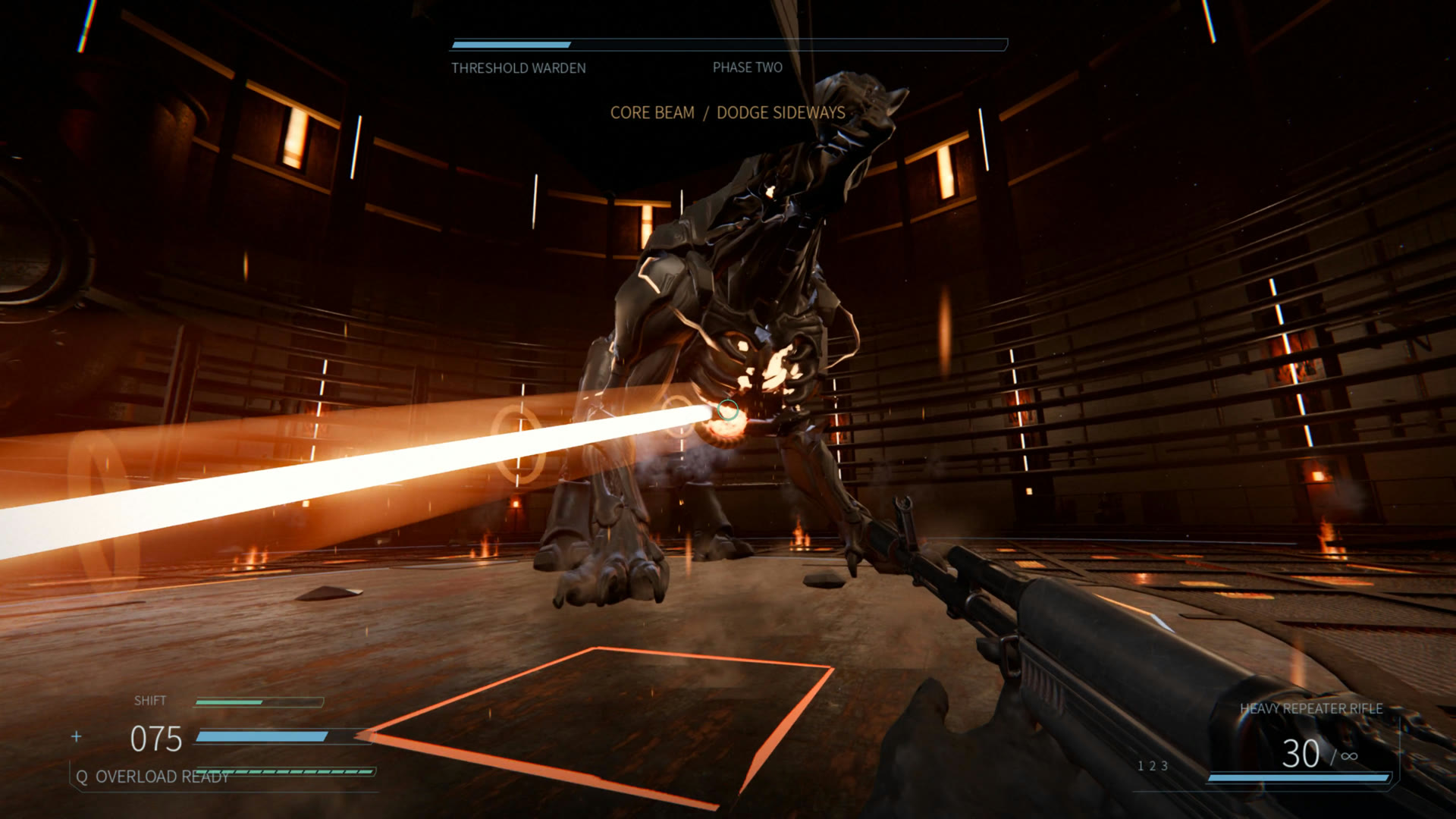 A searing beam from the Warden's core sweeps across the floor