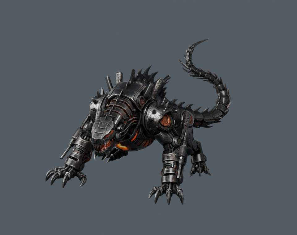 The first Meshy model: a mechanical beast with spikes and a hooked tail